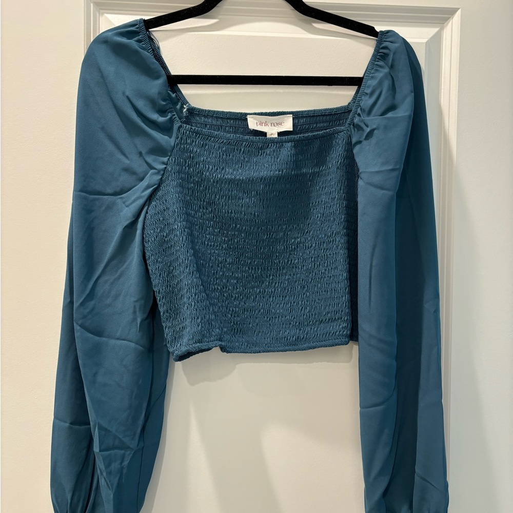 Pink Rose Teal Smocked Blouse